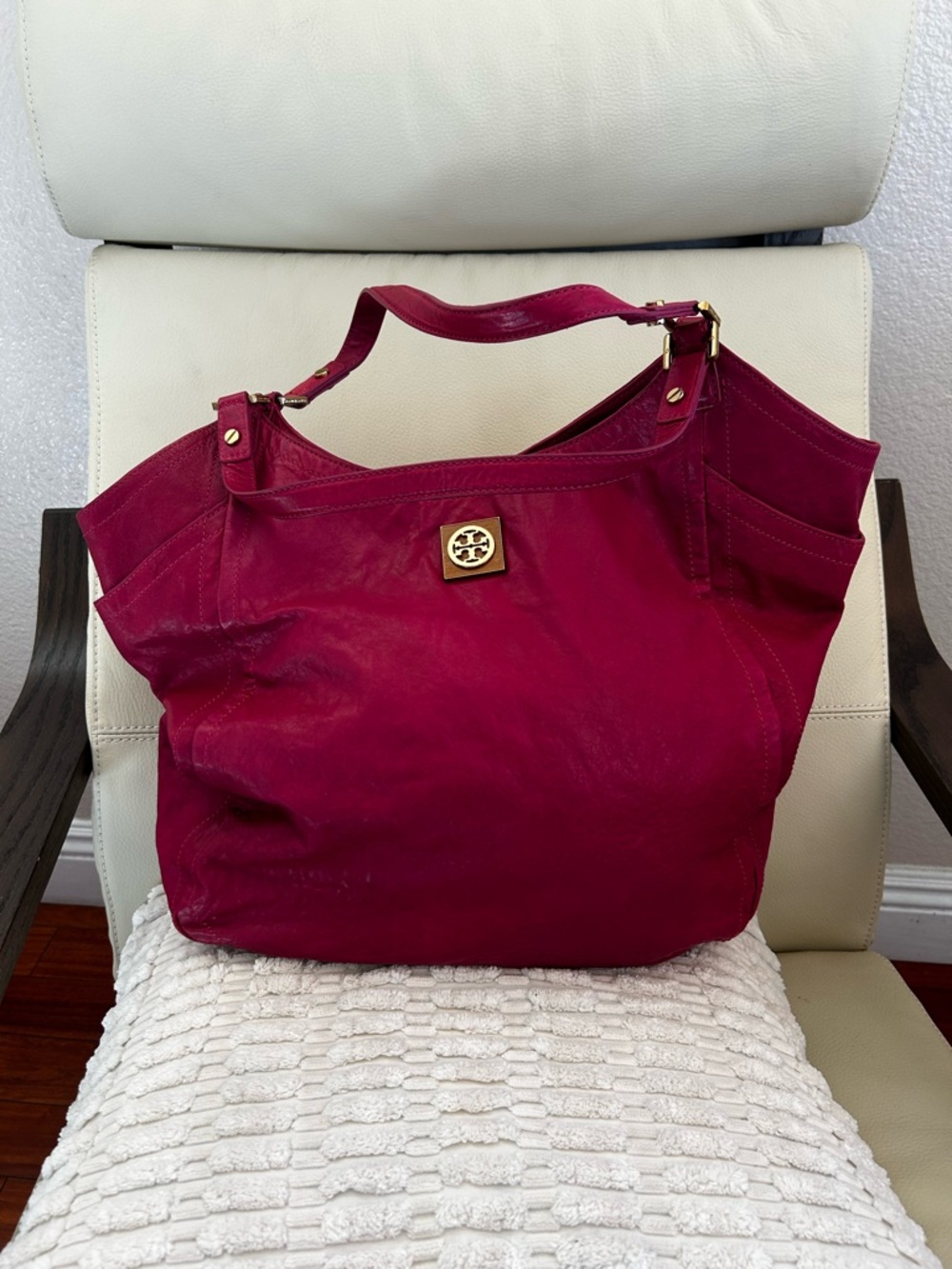 Tory Burch Deep Raspberry Leather Tote with Gold Logo